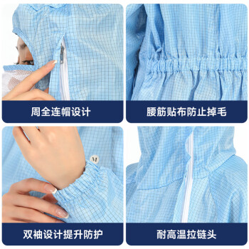 易工鼎 防静电斜拉链连体服防尘网格洁净服 斜拉三连体网格无尘服 蓝色 L