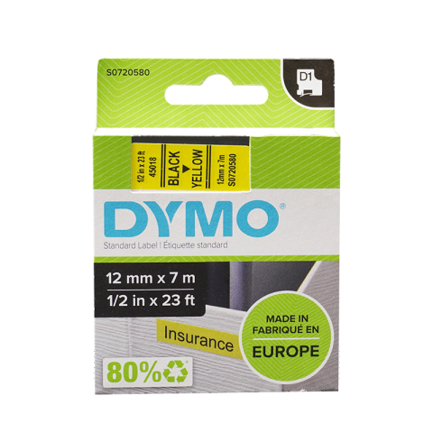 DYMO 商用D1电子标签带 黄底/黑字 12mm*7m