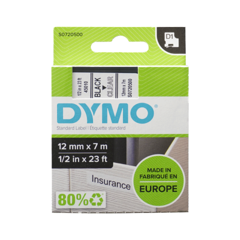 DYMO 商用D1电子标签带 透明底/黑字 12mm*7m