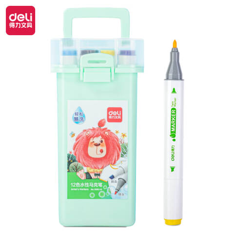 Deli/得力 70812-12易洗水性三角杆马克笔(混)(12色/桶)