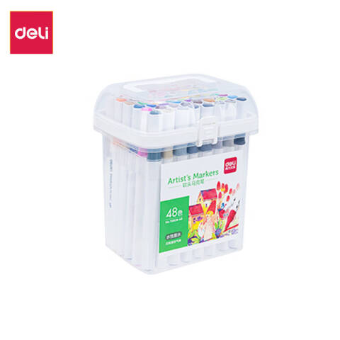 Deli/得力 70809-48色细三角杆水性软头马克笔塑桶装(混)(48色/桶)