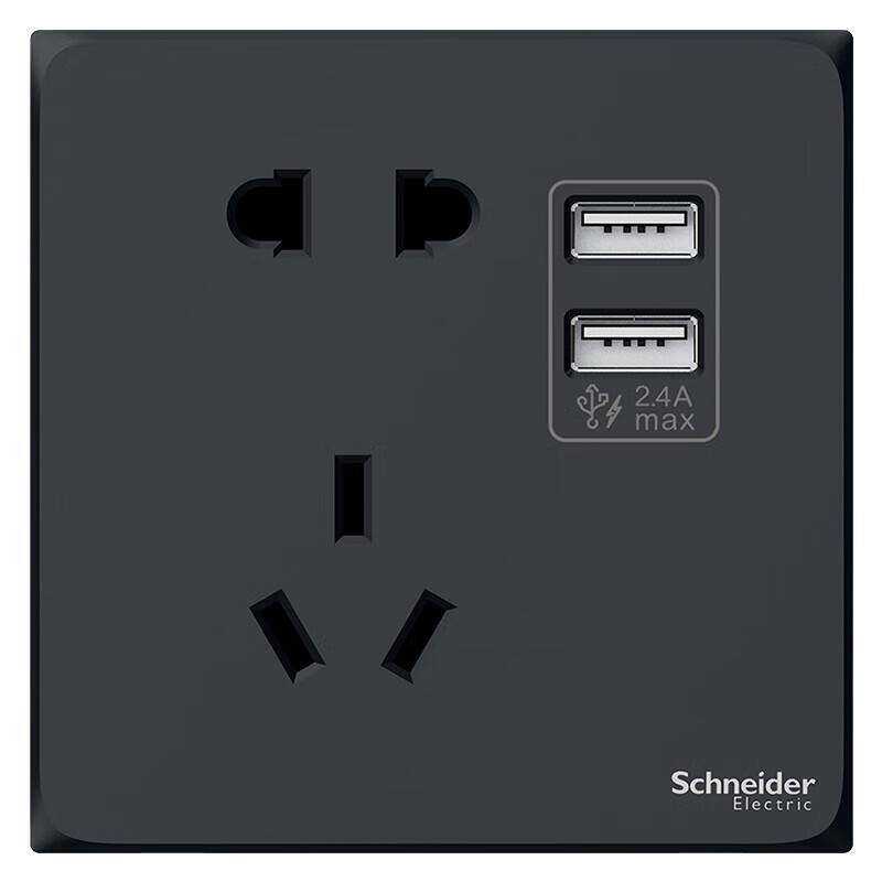 施耐德 皓呈黑 面板插座 10A 250V~二/三极带双USB充电插座2.4A, 雅致黑