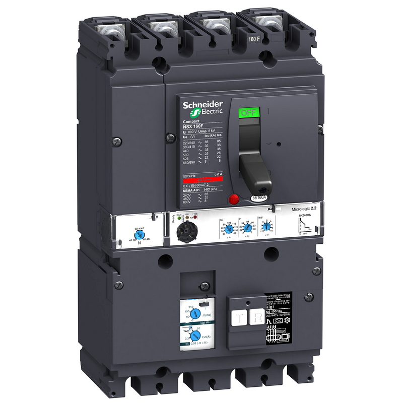 施耐德 NSX塑壳漏电保护断路器 VIGINSX160F MH MIC2.2 100A 4P4D (4P) 固定式前接线