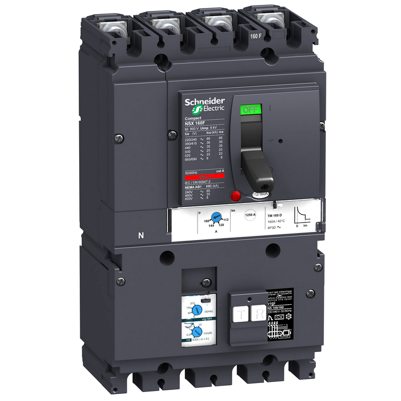 施耐德 NSX塑壳漏电保护断路器 VIGINSX160F MH TM160D 4P3D (3P+N) 固定式前接线
