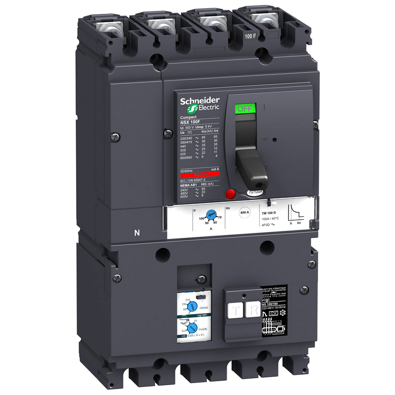 施耐德 NSX塑壳漏电保护断路器 VIGINSX100F MH TM50D 4P4D (4P) 固定式前接线