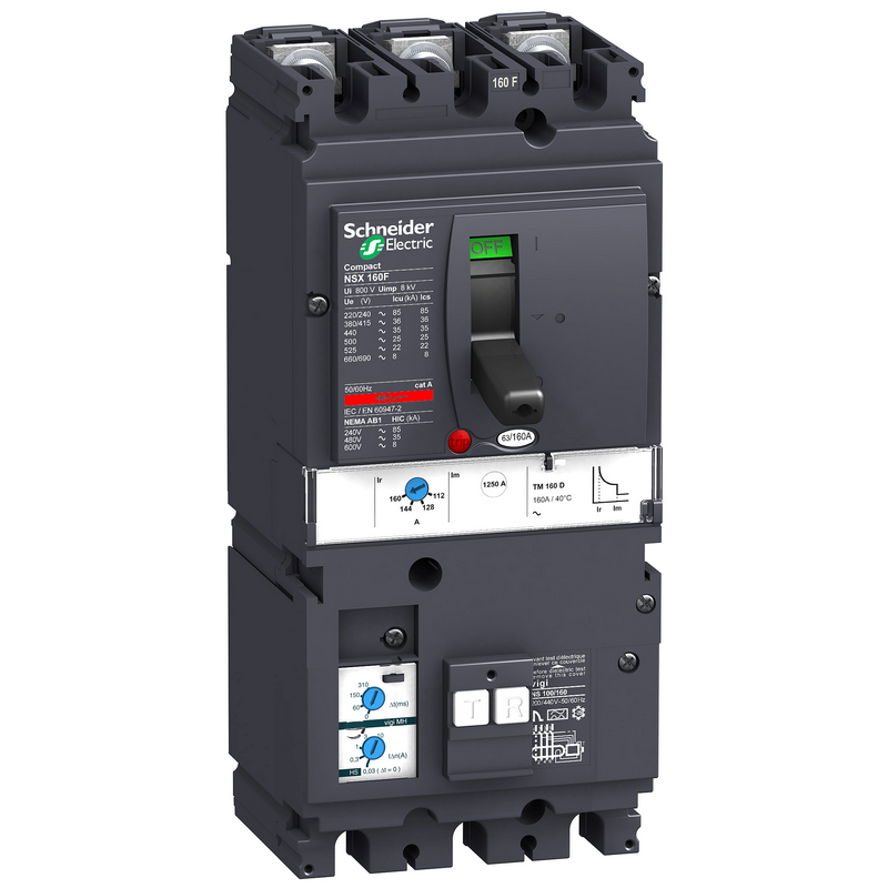 施耐德 NSX塑壳漏电保护断路器 VIGINSX160F MH TM160D 3P3D (3P) 固定式前接线