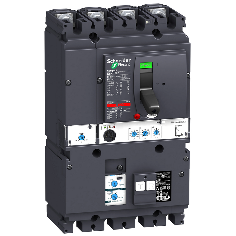 施耐德 NSX塑壳漏电保护断路器 VIGINSX100F MH MIC2.2 100A 4P4D (4P) 固定式前接线