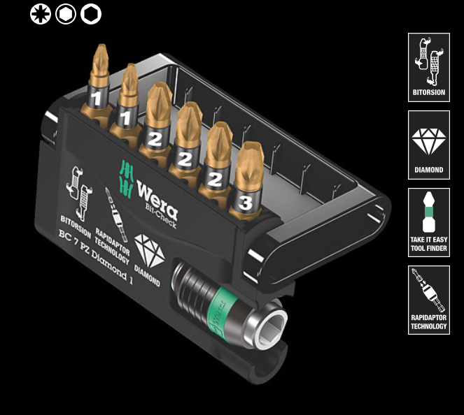 WERA/维拉 Bit-Check 7 PZ Diamond 1 批头套装 05057412001