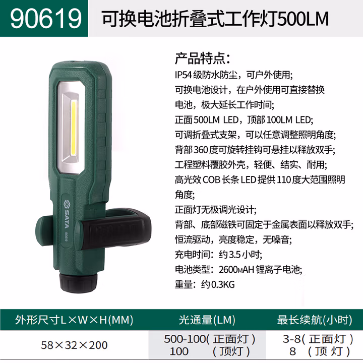 SATA/世达可换电池折叠式工作灯600LM90619