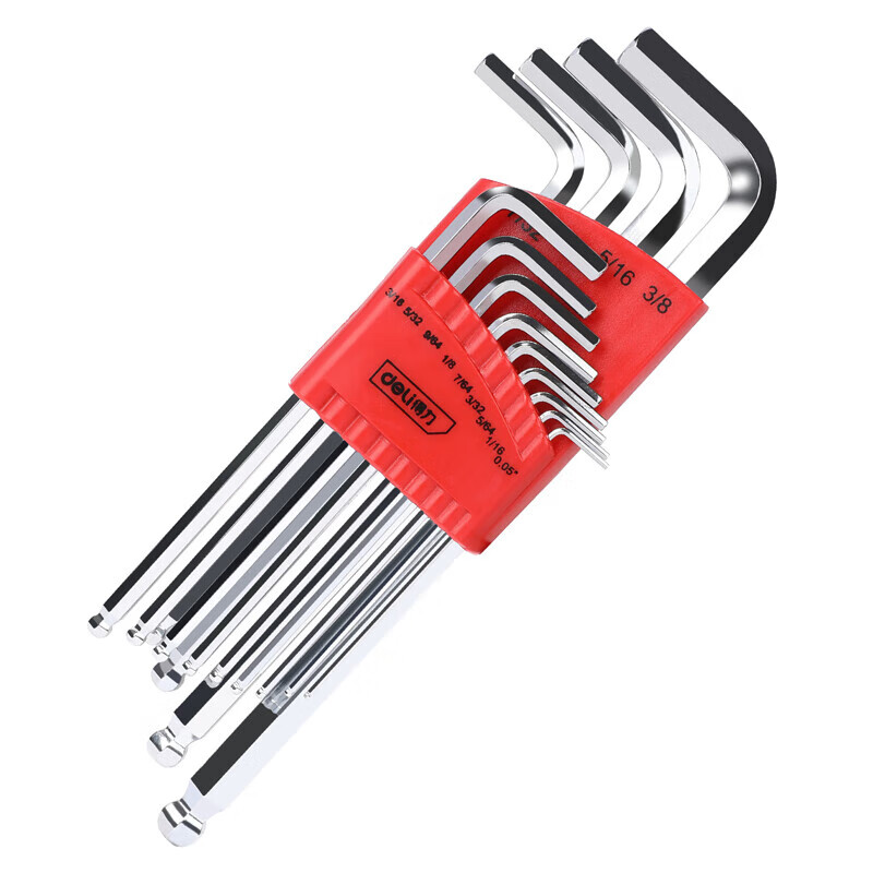 deli得力DL233413G工业级镜面加长英制球头内六角组套13件S2(红(套