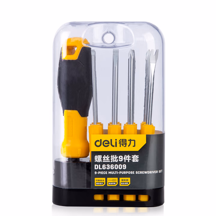 deli得力DL636009螺丝批9件套可换刀杆铬钒钢长款(黄)(套)