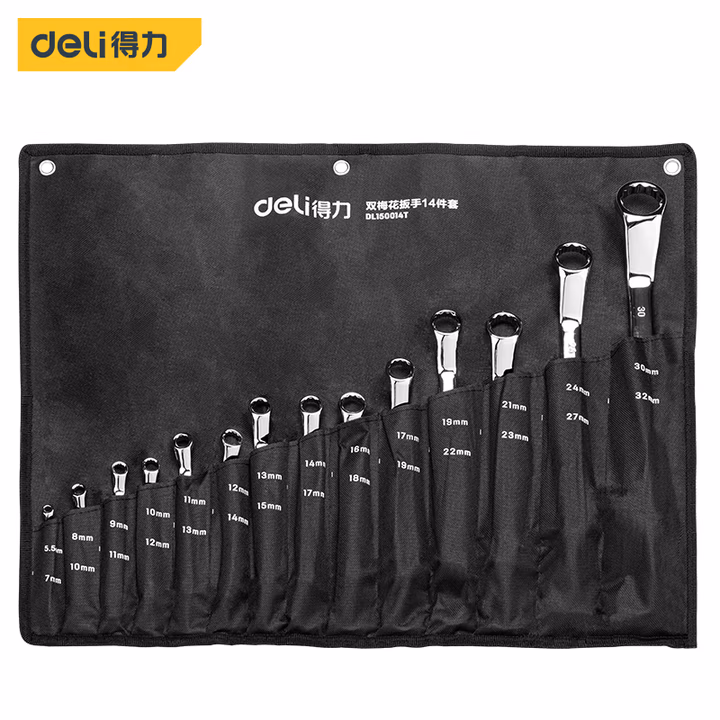 deli得力DL150014T镜面双梅花扳手套装14件套(银)(套)