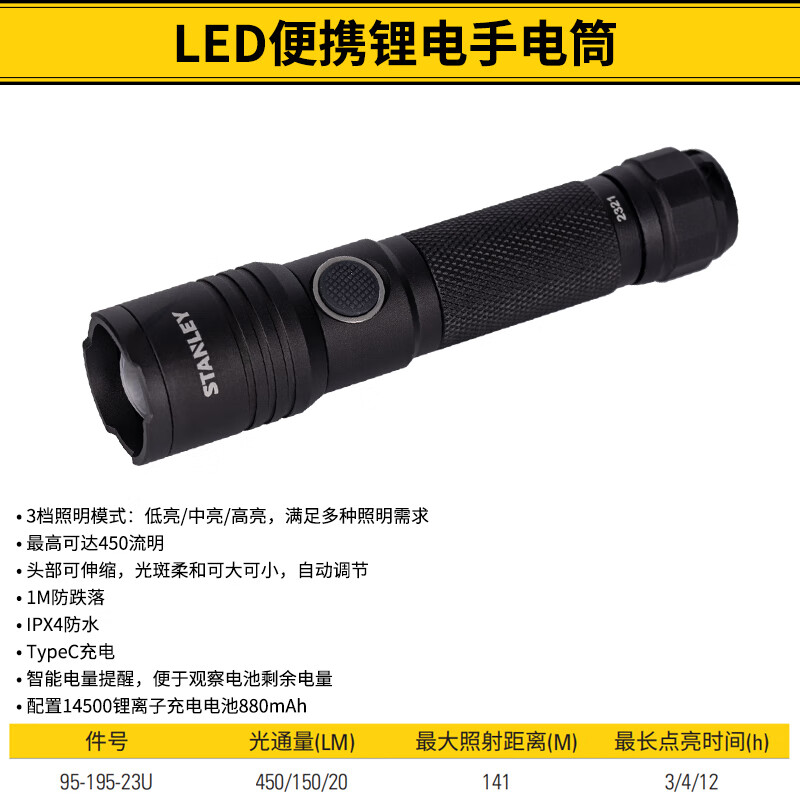 STANLEY/史丹利 LED便携锂电手电筒 95-195-23U