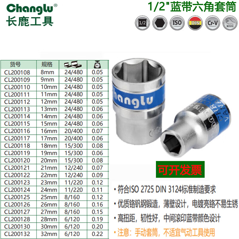 CHANGLU/长鹿 12.5mm系列蓝带6角套筒(Cr-V) 8mm 200108