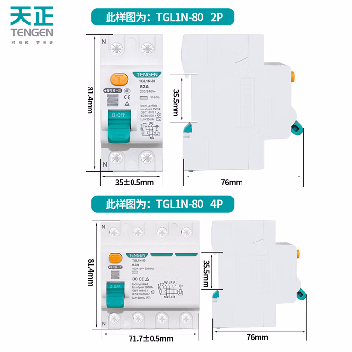 TENGEN/天正 小型漏电断路器 TGL1N-80 2P 63A 30mA AC型(RoHS)(祥云3.0)