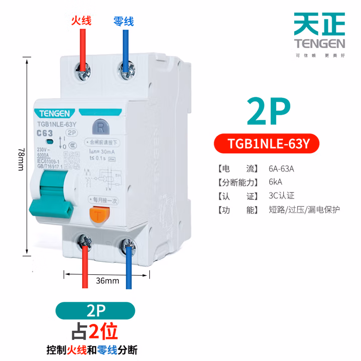 TENGEN/天正 小型漏电断路器 TGB1NLE-63Y 2P C63 30mA(祥云3.0)