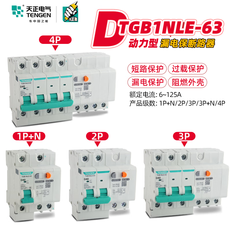 TENGEN/天正 小型漏电断路器 TGB1NLE-63Y 2P D20 10mA(祥云3.0)