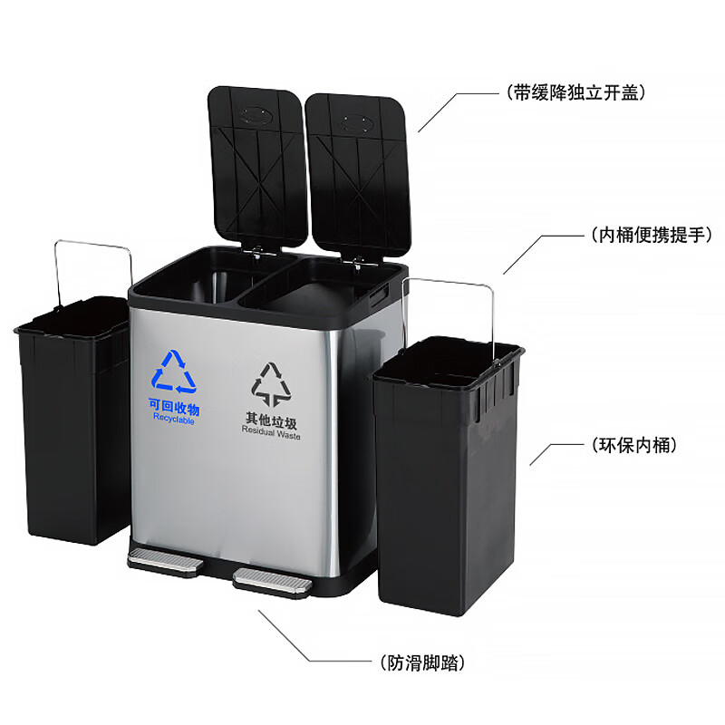 海斯迪克 HK-8009 分类垃圾箱 环保分类垃圾桶 商场写字楼不锈钢脚踏式带盖户外箱 三桶45L