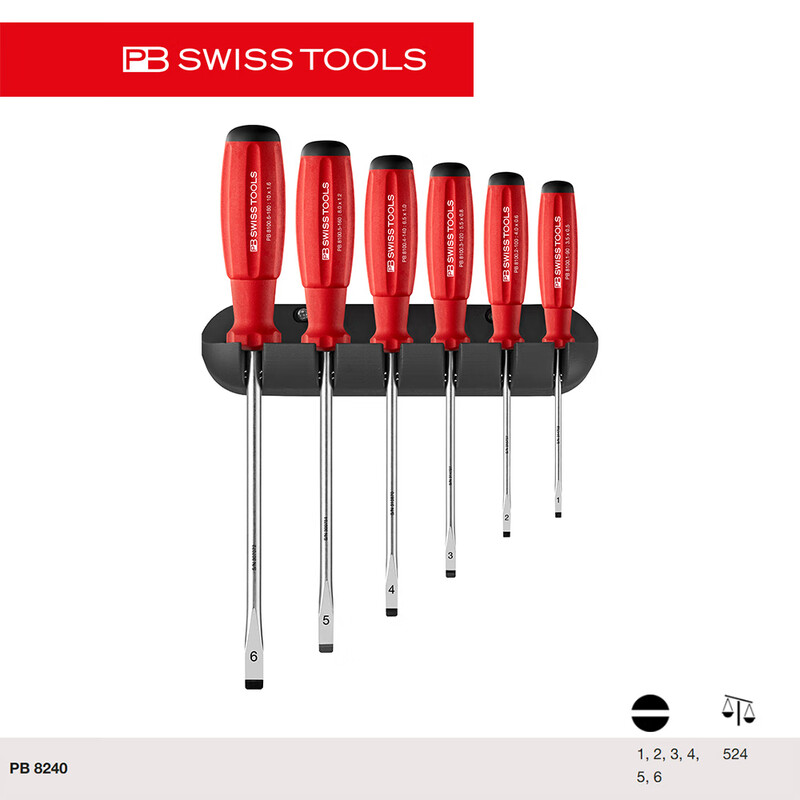 PB SWISS TOOLS/ 瑞铂 双组份一字螺丝刀6件套(托架) PB 8240