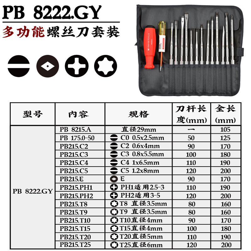 PB SWISS TOOLS/ 瑞铂 便携式卷袋螺丝刀组套 PB 8222.GY