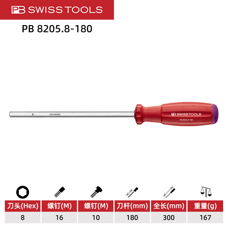 PB SWISS TOOLS/ 瑞铂 双组份内六角螺丝刀 8.0×180 PB 8205.8-180