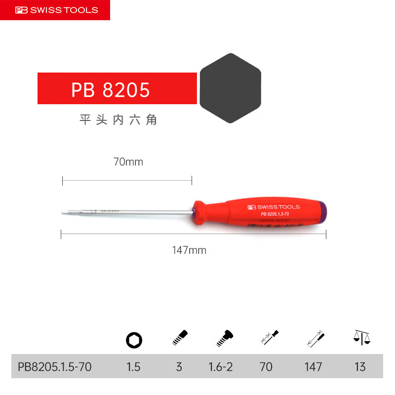 PB SWISS TOOLS/ 瑞铂 双组份内六角螺丝刀 1.5×70 PB 8205.1,5-70