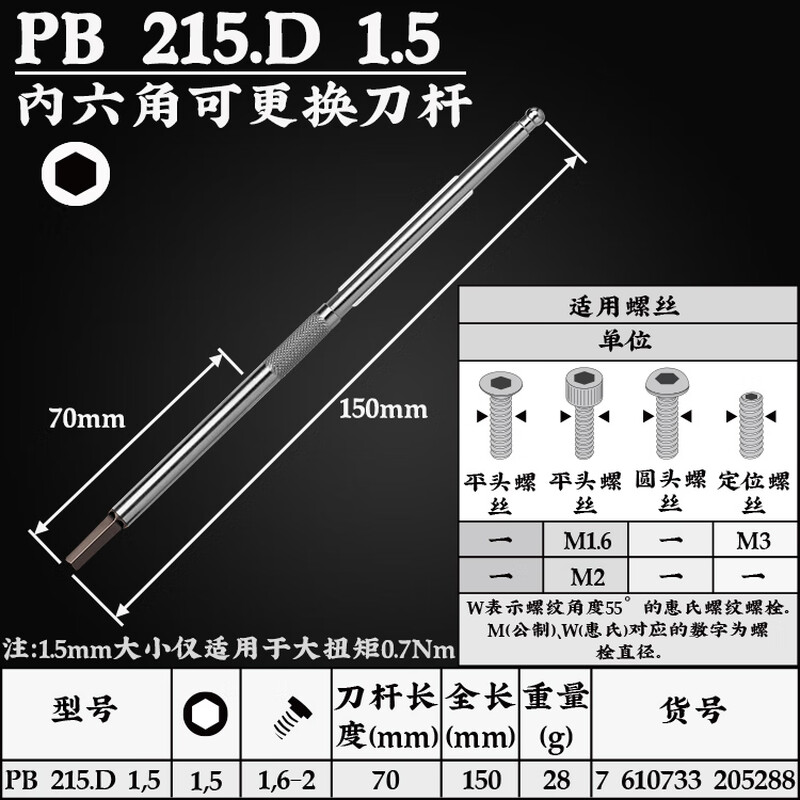PB SWISS TOOLS/ 瑞铂 内六角可换刀杆1.5×70 PB 215.D 1,5