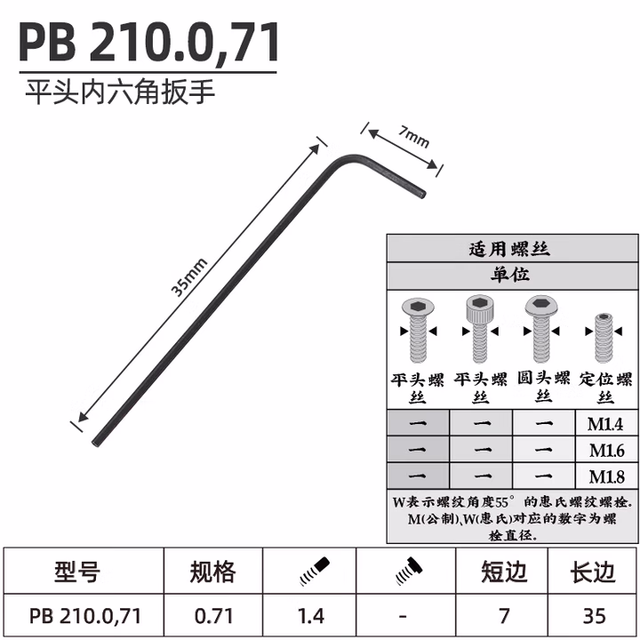 PB SWISS TOOLS/ 瑞铂 L型平头内六角0.71(无镀层) PB 210.0,71