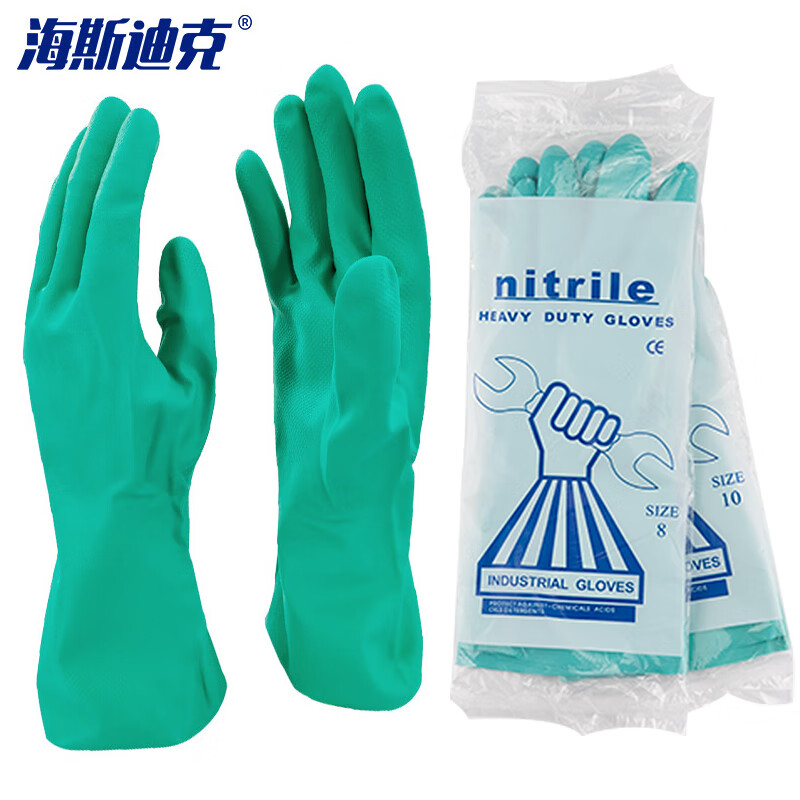 海斯迪克 HKY-82 丁腈手套 防水防滑防化耐酸碱 耐油橡胶洗衣 工业防腐蚀劳保化学实验手套 绿色 XL码