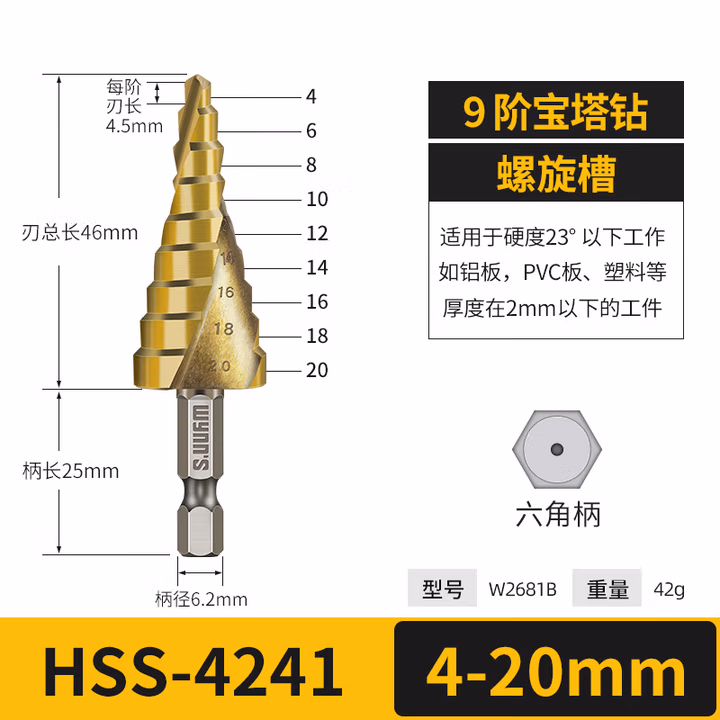 WYNNS/威力狮 螺旋宝塔钻 六角柄 4-20 W2681B