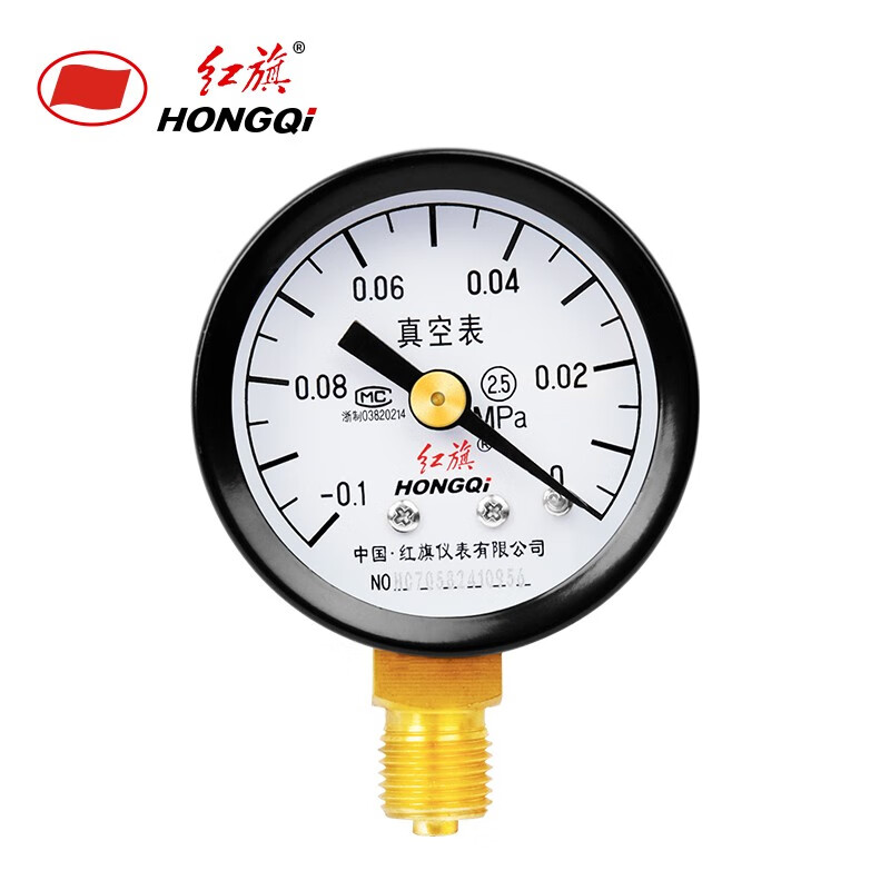 HONGQI/红旗 压力表 Y-40 碳钢＋铜,径向不带边,M10*1,-0.1~0MPa