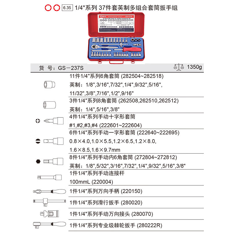 GENIUS/天赋 英制多组合套筒扳手组（37件套） GS-237S