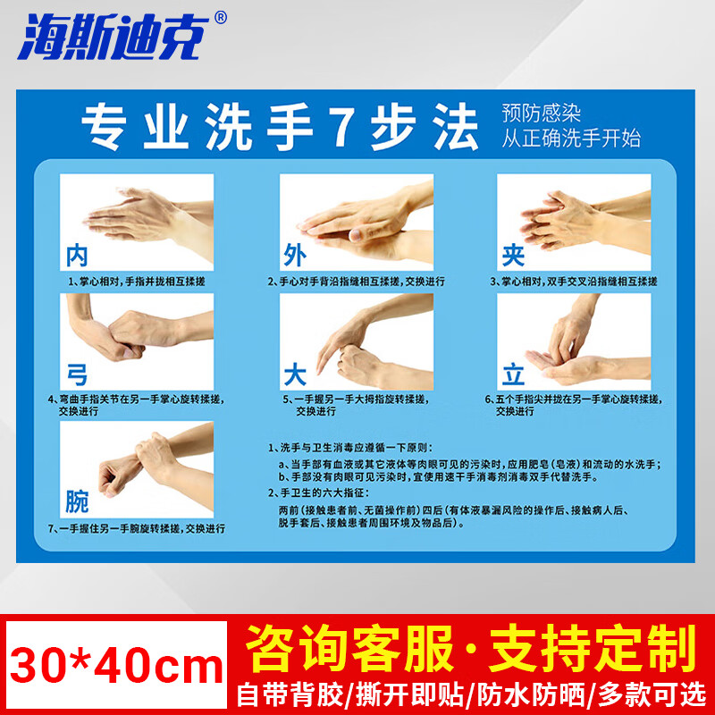 海斯迪克 HK-681 诊所洗手标识牌 七步洗手法墙贴 医院病毒宣传海报标示标识 款式一30×40cm