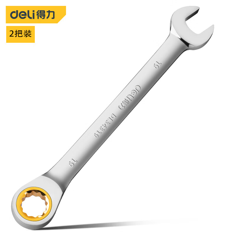 deli得力DL34319镜面两用棘轮快扳19mm90齿(银)(把)