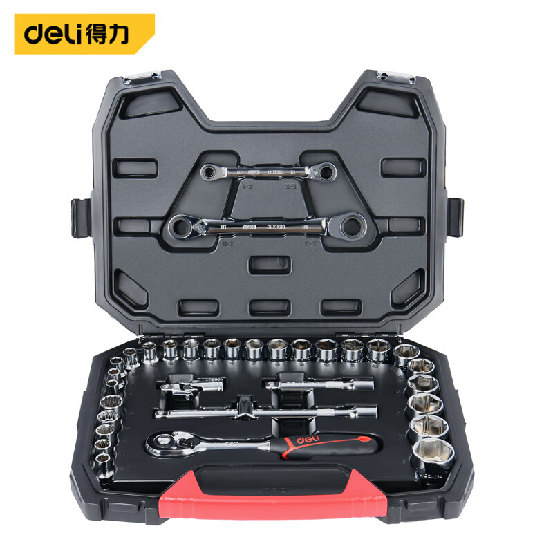 deli得力DQ01033(终保)33件12.5mm系列套筒快扳组套(红)(套)