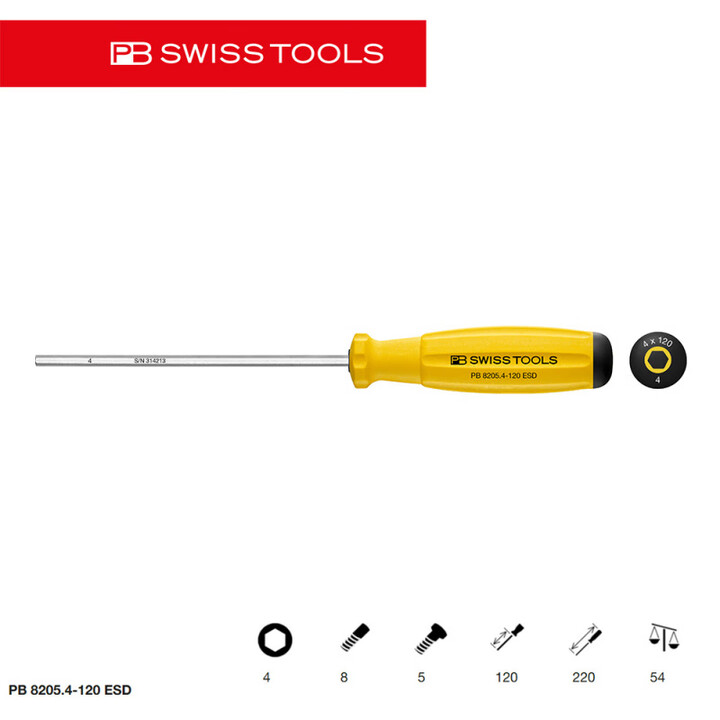 PB SWISS TOOLS/ 瑞铂 ESD双组份内六角螺丝刀 4.0×120 PB 8205.4-120 ESD