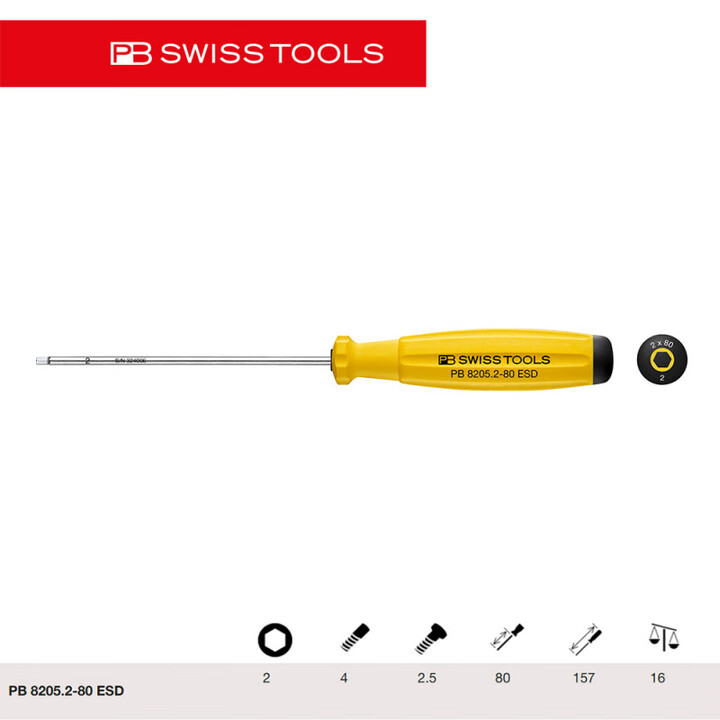 PB SWISS TOOLS/ 瑞铂 ESD双组份内六角螺丝刀 2.0×80 PB 8205.2-80 ESD