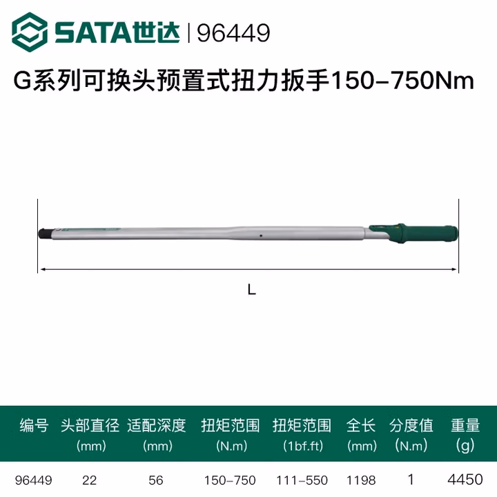 SATA/世达 G系列可换头预置式扭力扳手150-750N·m 96449