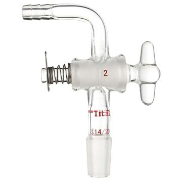 Titan/泰坦 90°抽气接头，玻璃节门，磨口：14/20，2mm节门孔径 特优级，TA751420，1个 TA751420