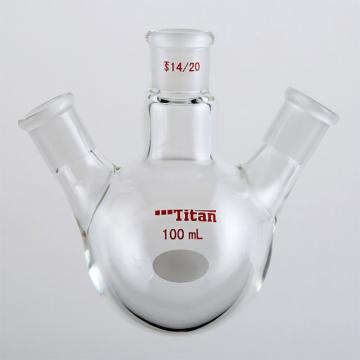 Titan/泰坦 斜三口球瓶，厚壁高强度，中间磨口：14/20，侧磨口：14/20，100ml 特优级，TF431100，1个 TF431100