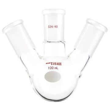 Titan/泰坦 斜三口球瓶，厚壁高强度，中间磨口：24/40，侧磨口：24/40，100ml 特优级，TF434400，1个 TF434400