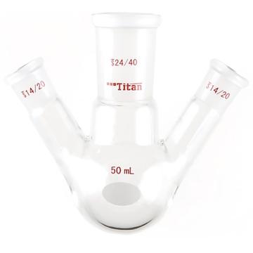 Titan/泰坦 斜三口球瓶，厚壁高强度，中间磨口：24/40，侧磨口：14/20，50ml 特优级，TF434150，个/，1个 TF434150