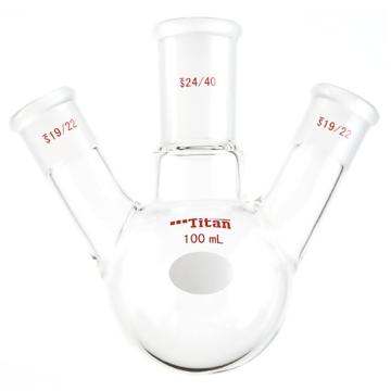 Titan/泰坦 斜三口球瓶，厚壁高强度，中间磨口：24/40，侧磨口：19/22，100ml 特优级，TF434900，1个 TF434900