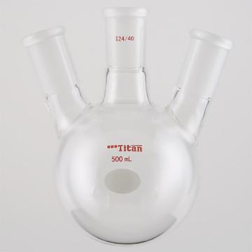 Titan/泰坦 斜三口球瓶，厚壁高强度，中间磨口：24/40，侧磨口：24/40，500ml 特优级，TF434500，1个 TF434500