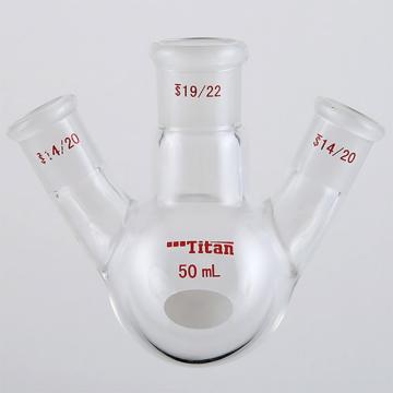 Titan/泰坦 斜三口球瓶，厚壁高强度，中间磨口：19/22，侧磨口：14/20，50ml 特优级，TF439150，个/，1个 TF439150