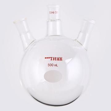 Titan/泰坦 斜三口球瓶，厚壁高强度，中间磨口：14/20，侧磨口：14/20，500ml 特优级，TF431500，1个 TF431500