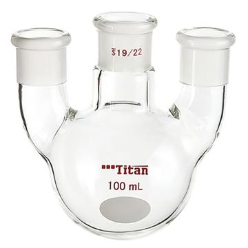 Titan/泰坦 直三口球瓶，厚壁高强度，中间磨口：19/22，侧磨口：19/22，100ml 特优级，TF449900，1个 TF449900