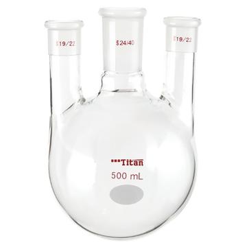 Titan/泰坦 直三口球瓶，厚壁高强度，中间磨口：24/40，侧磨口：19/22，500ml 特优级，TF440500，1个 TF440500