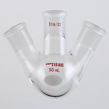 Titan/泰坦 斜三口球瓶，厚壁高强度，中间磨口：19/22，侧磨口：19/22，50ml 特优级，TF439950，个/，1个 TF439950