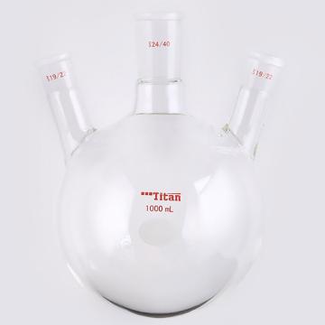 Titan/泰坦 斜三口球瓶，厚壁高强度，中间磨口：24/40，侧磨口：19/22，1000ml 特优级，TF43491L，1个 TF43491L